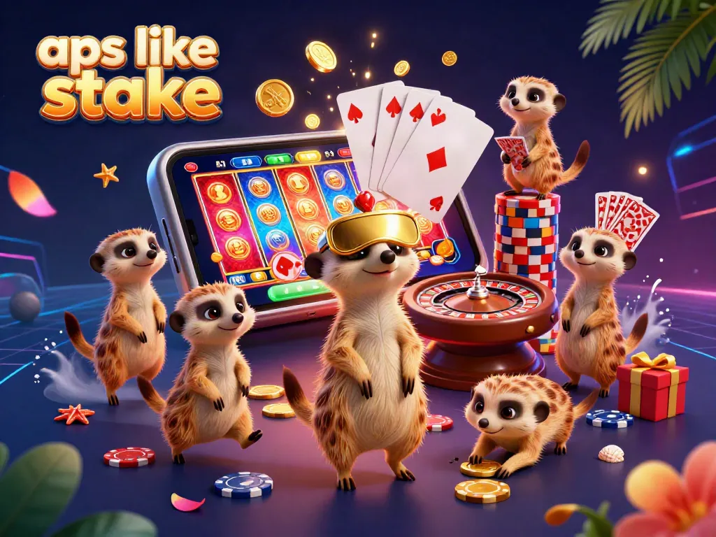 Engage with apps like stake in a vibrant 3D casino scene featuring meerkats and dynamic gaming elements.