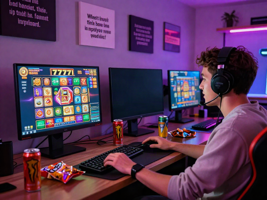 Exciting player engaging in slot777 online gaming at a vibrant home setup with colorful interface and motivational ambiance.