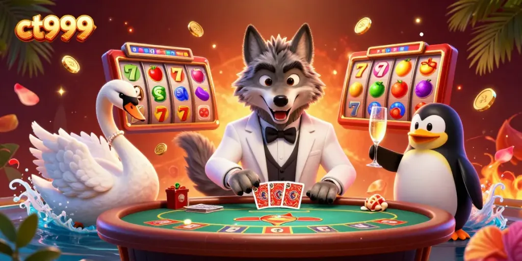 Engaging scene showcasing ct999 featuring a debonair wolf at a baccarat table with dynamic slot elements.