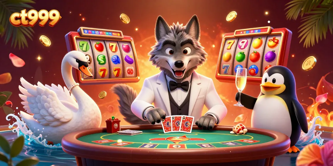Engaging scene showcasing ct999 featuring a debonair wolf at a baccarat table with dynamic slot elements.
