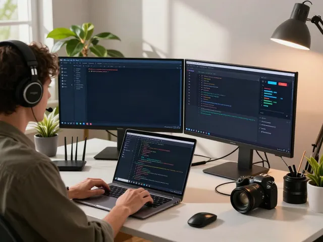 Person using v2rayN官网 interface in a modern home office with tech gadgets.
