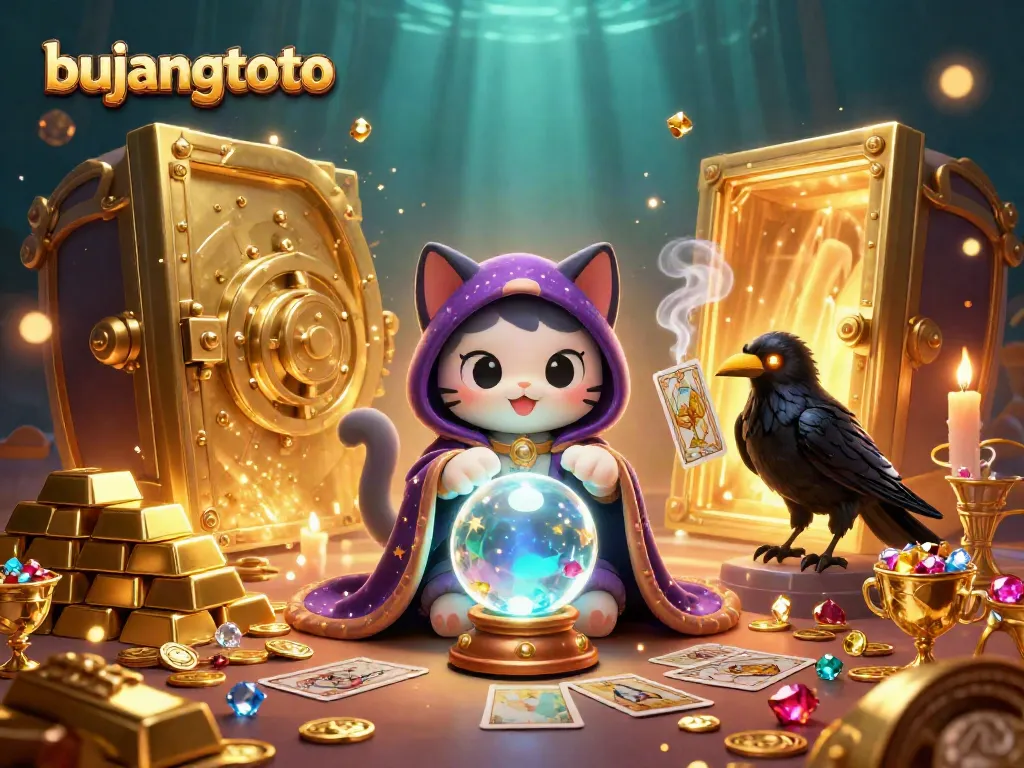 Experience the magic of bujangtoto with a mystical cat and glowing raven unlocking treasures in an enchanting casino.