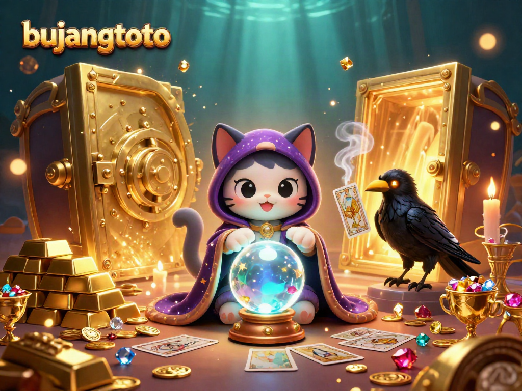 Experience the magic of bujangtoto with a mystical cat and glowing raven unlocking treasures in an enchanting casino.