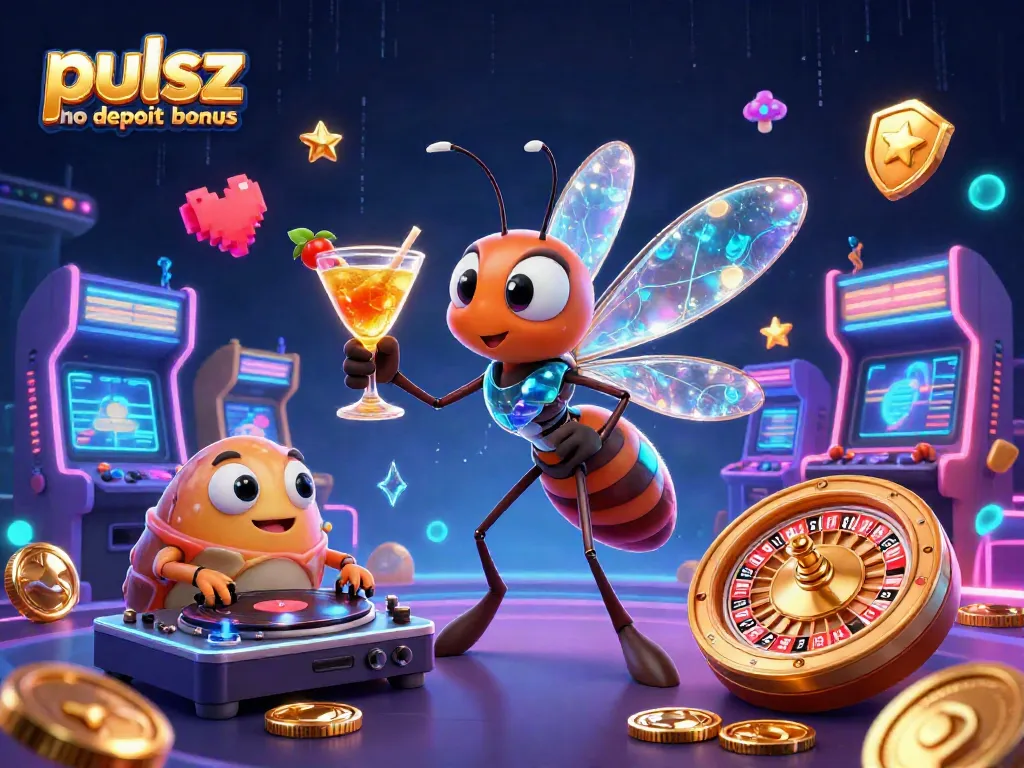 Play and win with pulsz no deposit bonus, featuring a vibrant casino scene with animated characters.