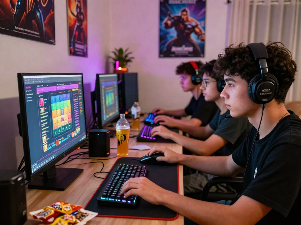 Friends enjoying bandar togel online in a cozy gaming setup with vibrant displays and snacks.