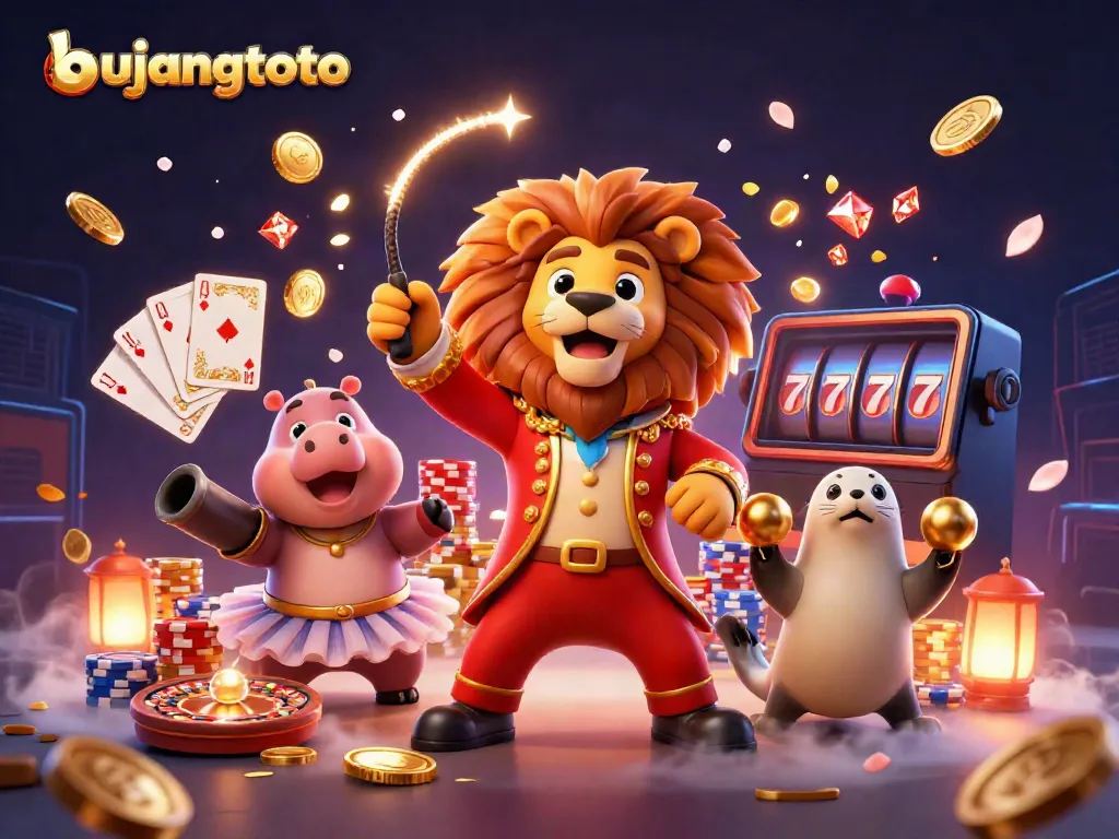 Engage with bujangtoto's vibrant casino scene featuring a lion ringmaster, sparkling coins, and a roulette wheel.