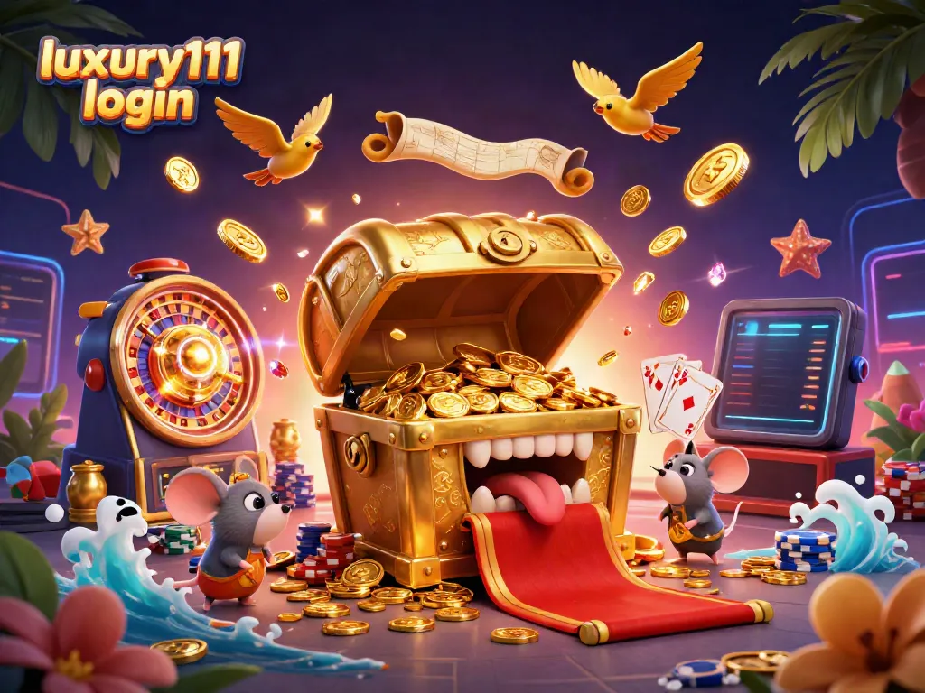Experience the excitement of luxury111 login with an adventurous scene full of treasures and playful characters.