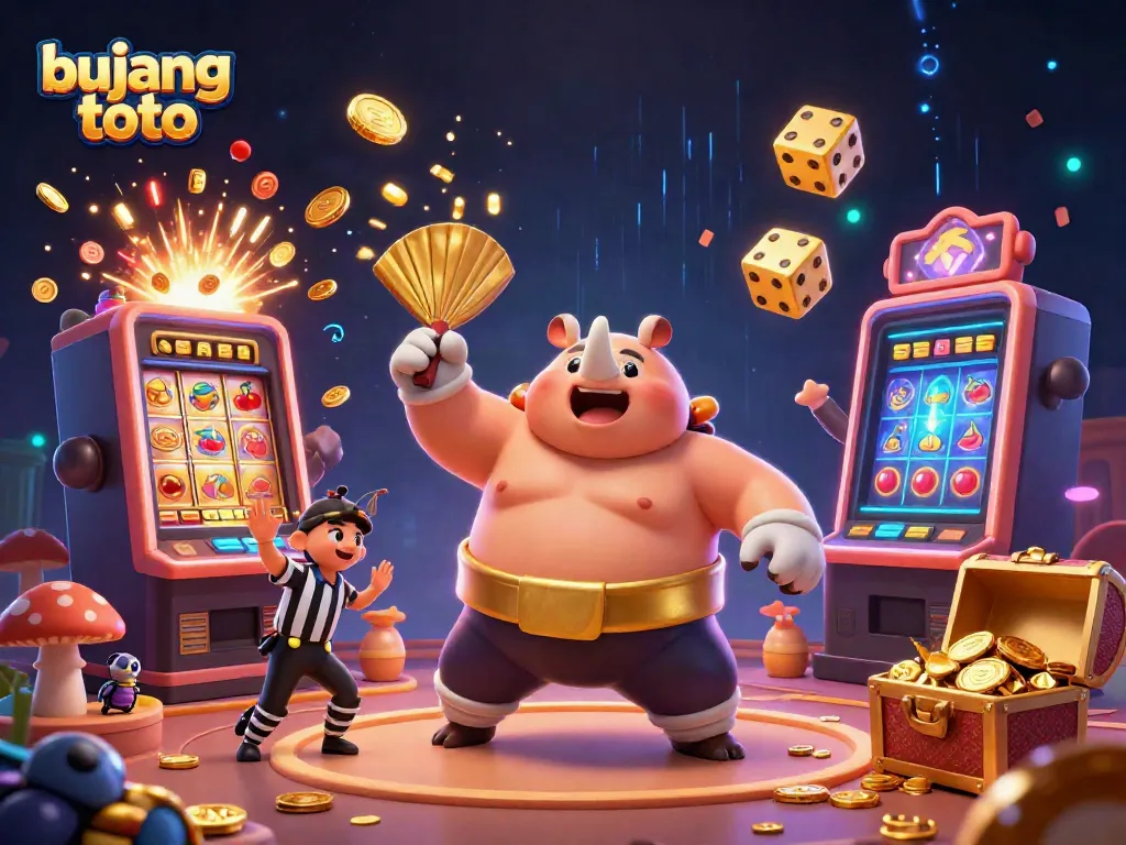 Engage with bujang toto's stunning casino art showing a beetle champion in action, bursting coins, and slot machine thrills.