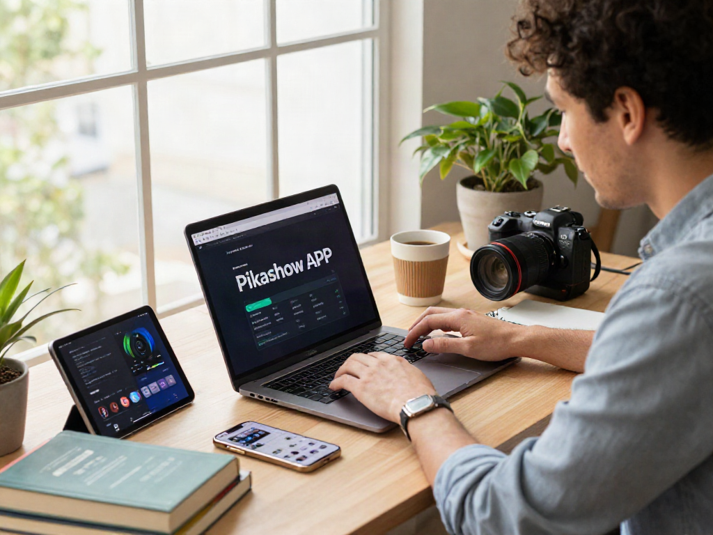 Pikashow APK being reviewed on a modern desk with tech gadgets and streaming options.
