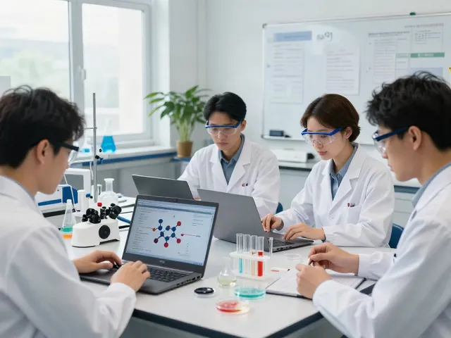 Scientists analyzing SS31 for sale in a bright lab, showcasing peptide research.