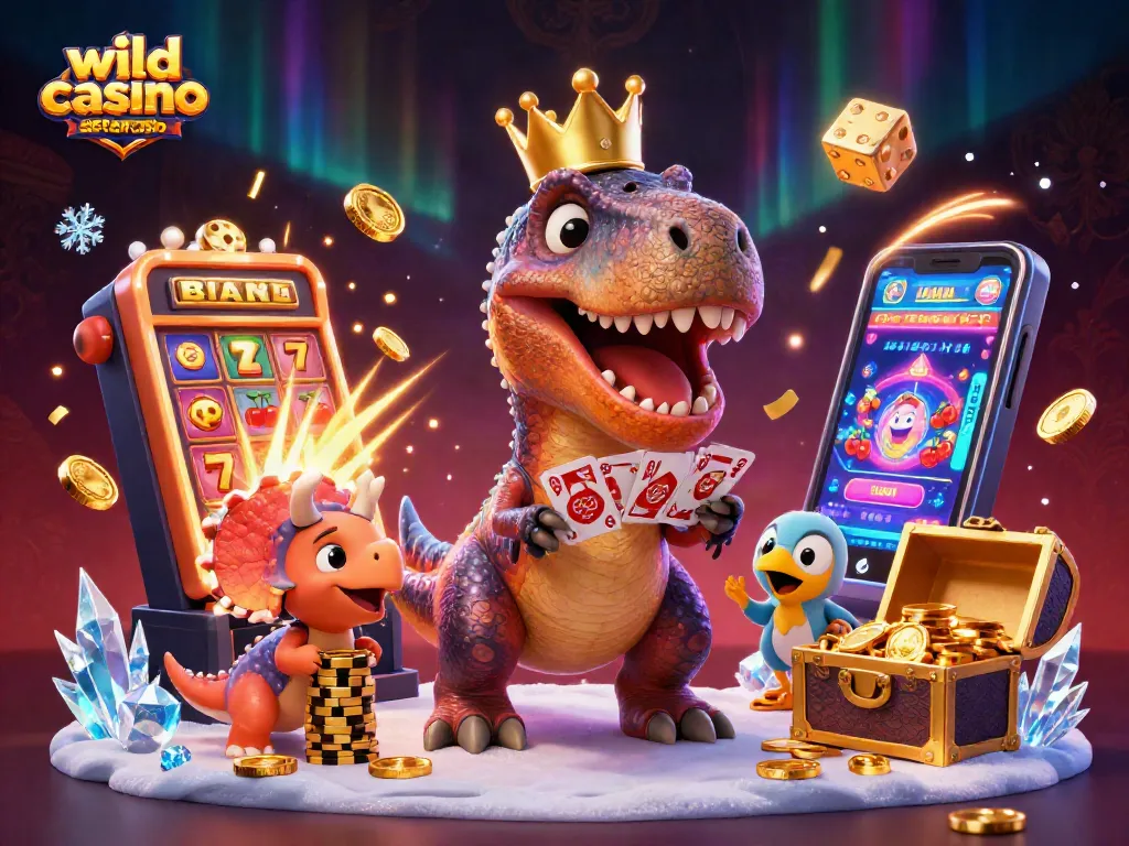 Engaging scene with friendly T-Rex and assistants celebrating wins at wild casino sister casino.