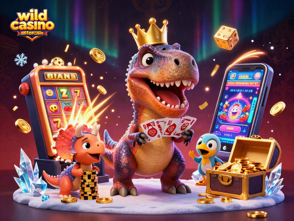 Engaging scene with friendly T-Rex and assistants celebrating wins at wild casino sister casino.