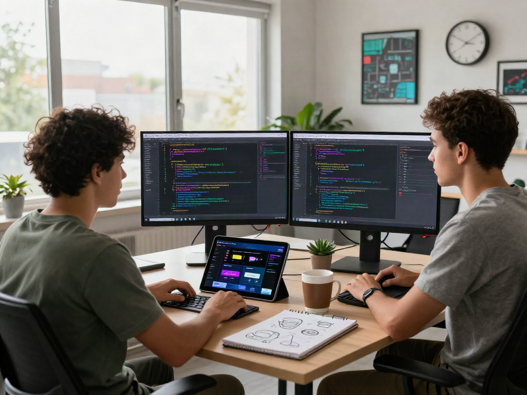 Developer coding the pikashow apk in a modern workspace with colorful screens and coffee.