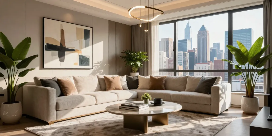 Interior mewah luxury111 dengan sofa nyaman dan pemandangan kota yang indah.