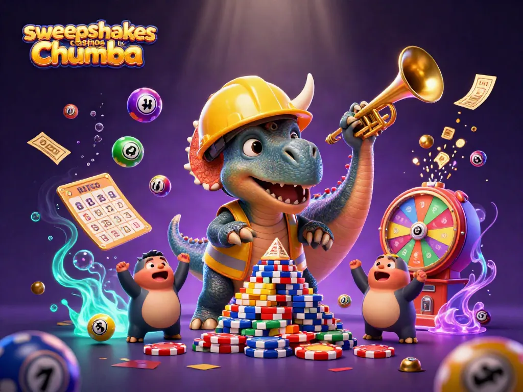 Engage with sweepstakes casinos like chumba through a lively scene featuring playful triceratops building poker chip towers amidst colorful lottery elements.