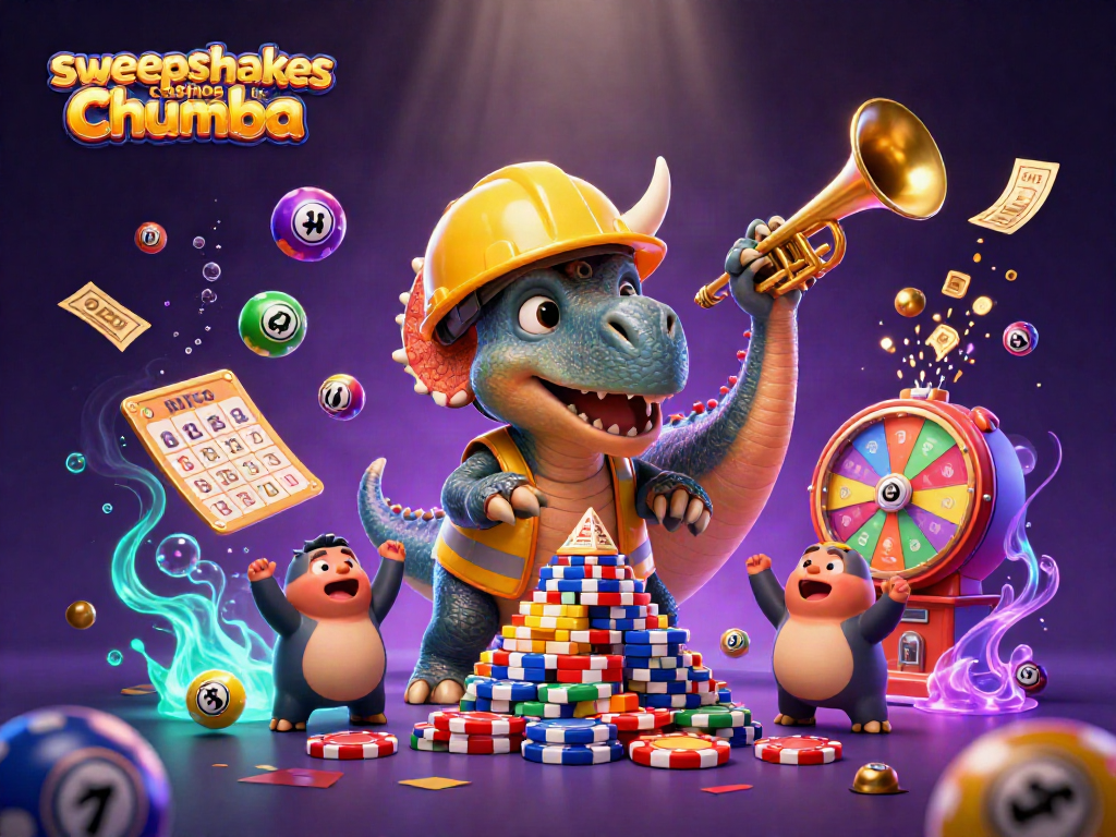 Engage with sweepstakes casinos like chumba through a lively scene featuring playful triceratops building poker chip towers amidst colorful lottery elements.