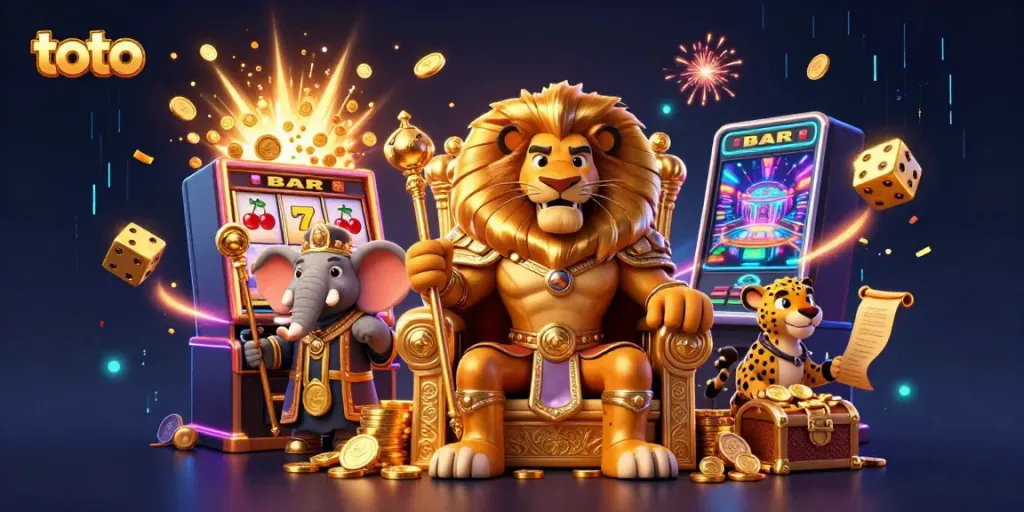 Experience thrilling jackpot wins at toto with a stunning scene of a lion king, elephant advisor, and cheetah messenger surrounded by vibrant casino elements.