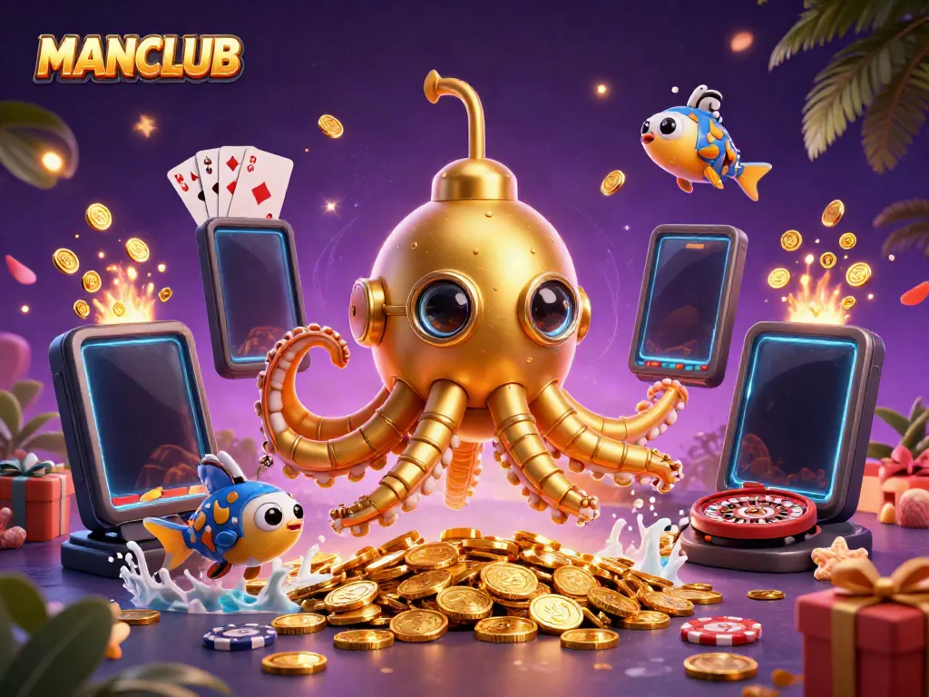 MANCLUB illustration features a golden kraken submarine and mechanical fish amidst golden coins, slot games, and casino elements.