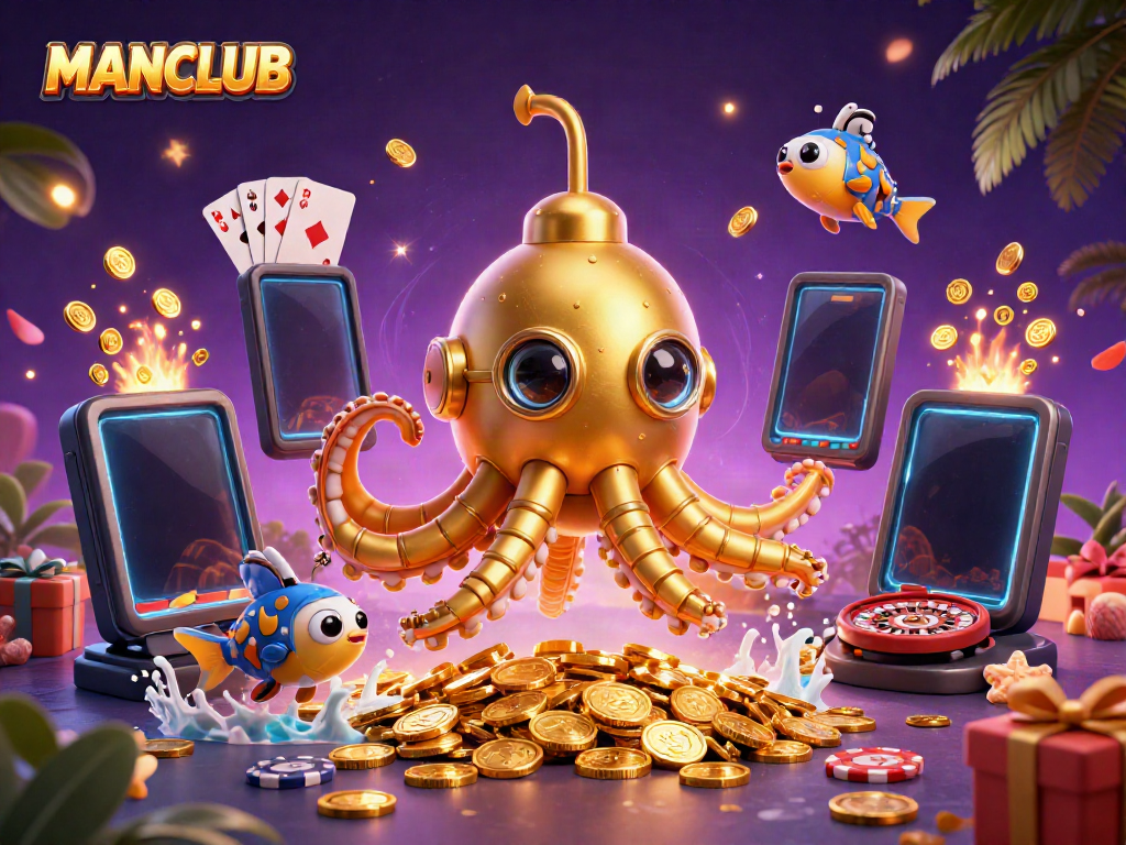 MANCLUB illustration features a golden kraken submarine and mechanical fish amidst golden coins, slot games, and casino elements.