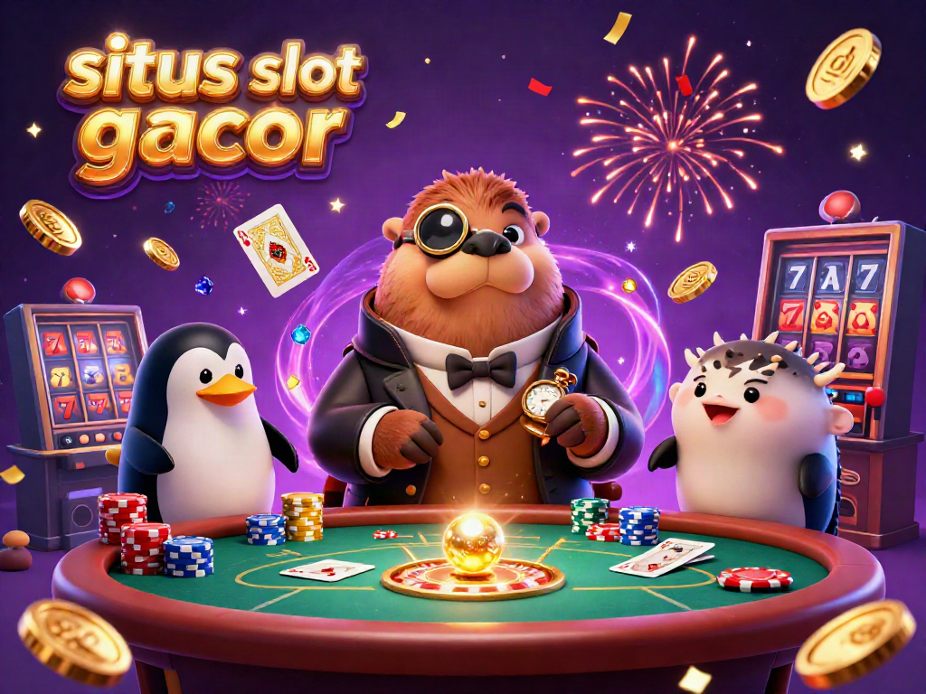 Experience the excitement of situs slot gacor with a jolly walrus at an underwater poker table, surrounded by coins and cards.