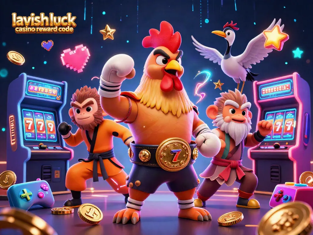 Engage with lavish luck casino reward code in a vibrant casino scene featuring characters, glowing arcade machines, and jackpot elements.