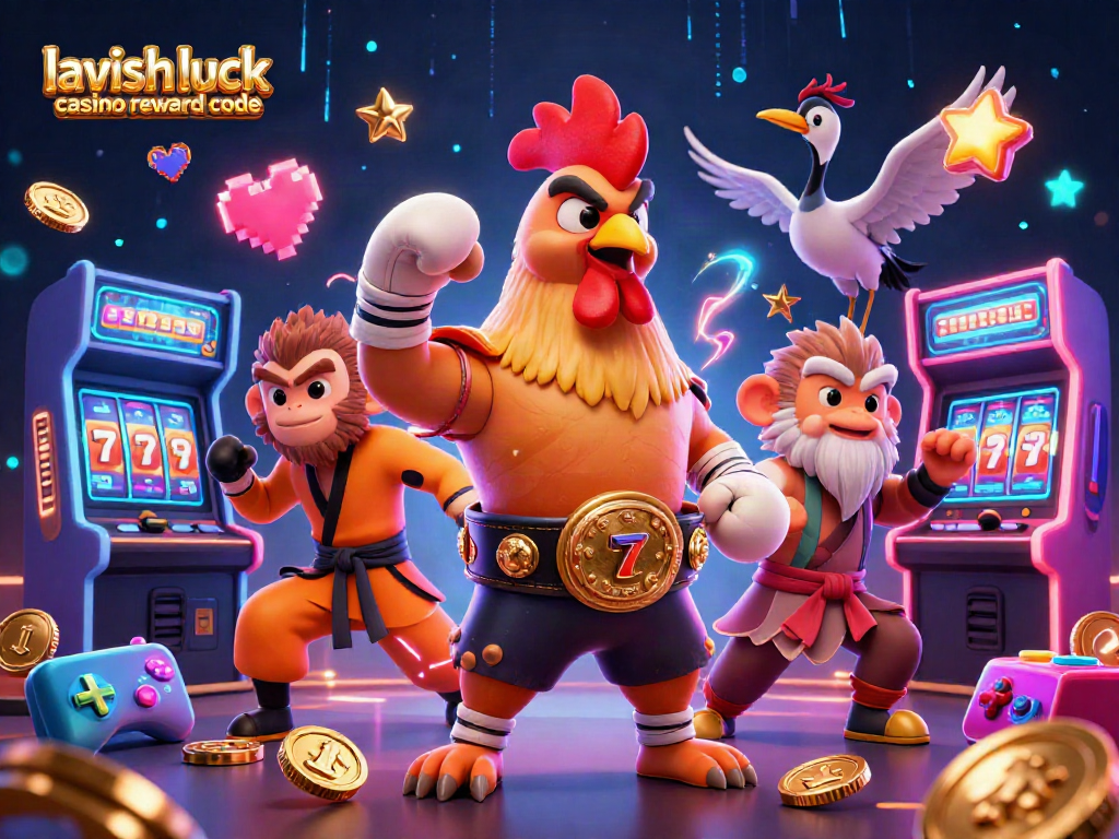 Engage with lavish luck casino reward code in a vibrant casino scene featuring characters, glowing arcade machines, and jackpot elements.