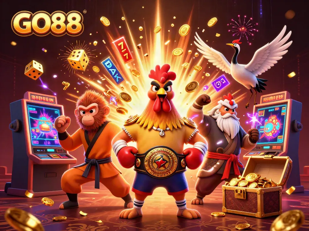 Experience the excitement of GO88 with a vibrant 3D casino scene featuring jackpot reveals and animated characters.