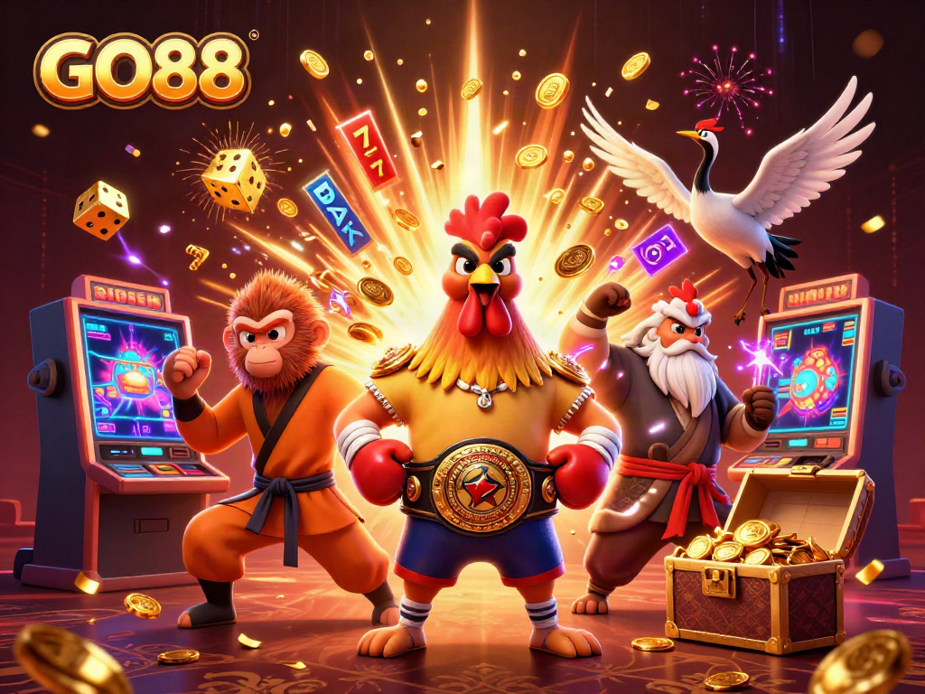 Experience the excitement of GO88 with a vibrant 3D casino scene featuring jackpot reveals and animated characters.