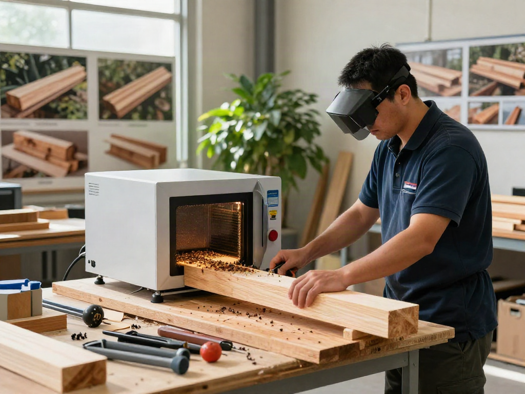 Shashel® microwave device in operation, showcasing effective woodworm elimination in a workshop.