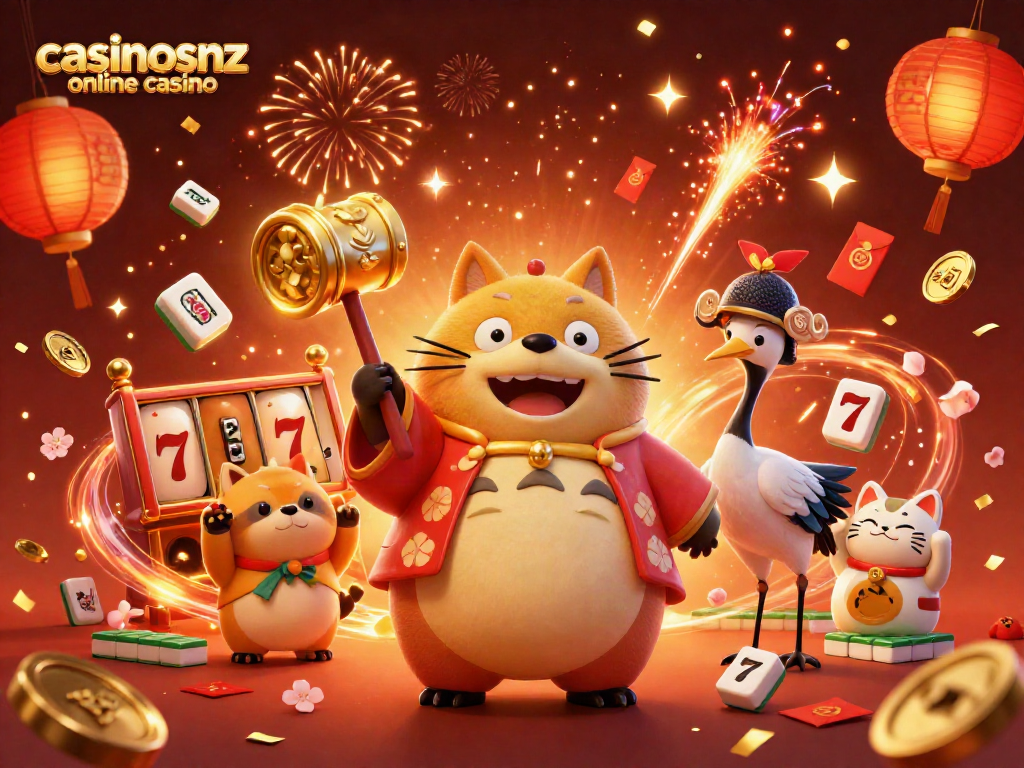 Experience excitement at casinosnz online casino with festive characters and vibrant slot games.