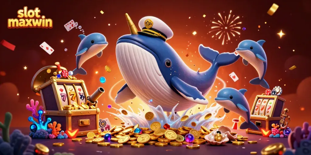 Experience slot maxwin with a whale captain, a golden narwhal, and dolphins amidst treasure