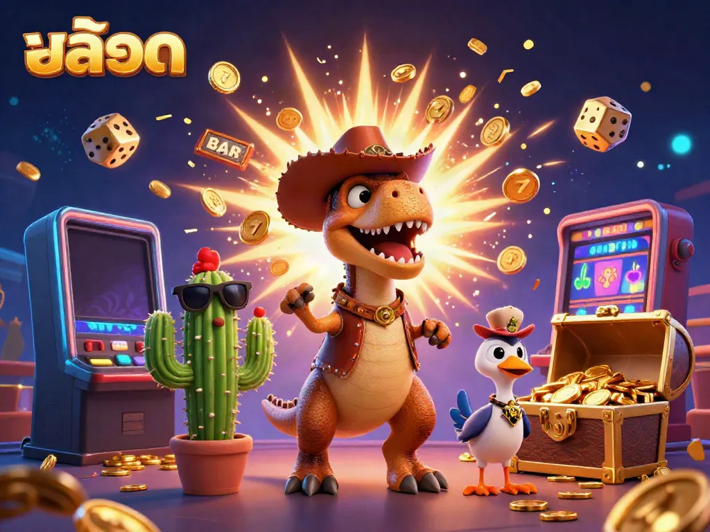Spin the สล็อต slot machines with vibrant characters and jackpot explosions in a colorful casino scene.
