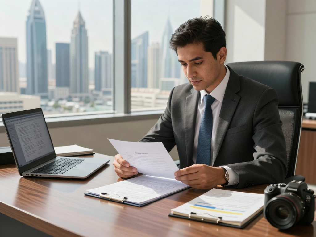 Rental Dispute Lawyer In Dubai reviewing legal documents in a modern office setting with city skyline view.
