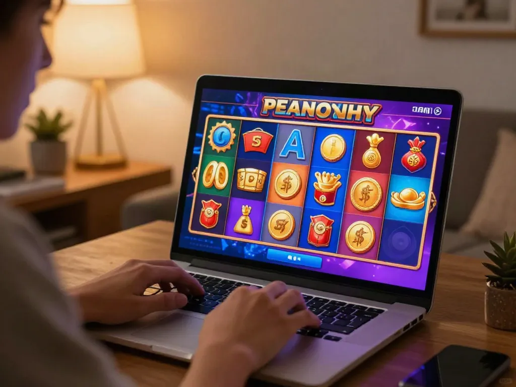 Player enjoying Slot MAHJONGJP88 on a laptop amidst colorful gaming graphics and lucky symbols.
