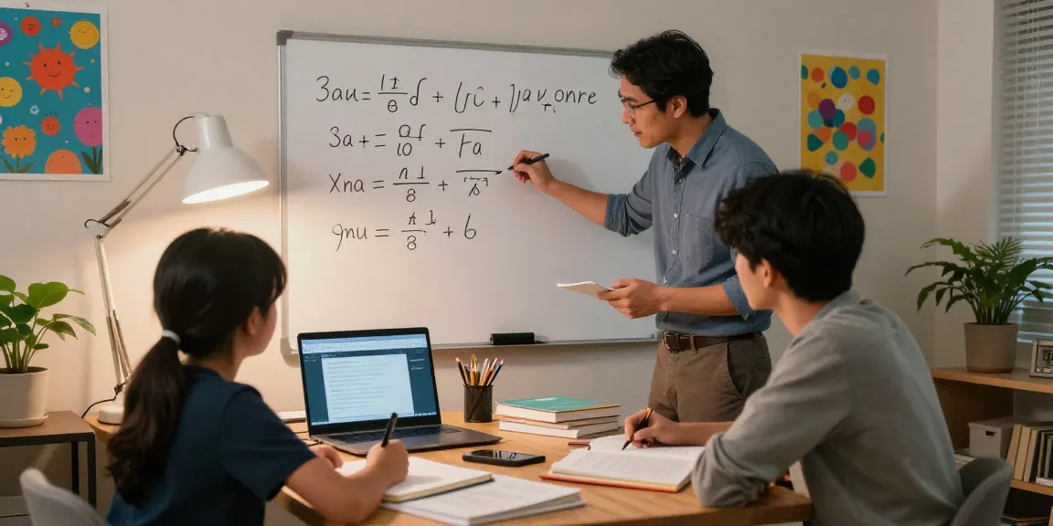 Maths tutors engaging with a student in a cozy study, solving equations together.
