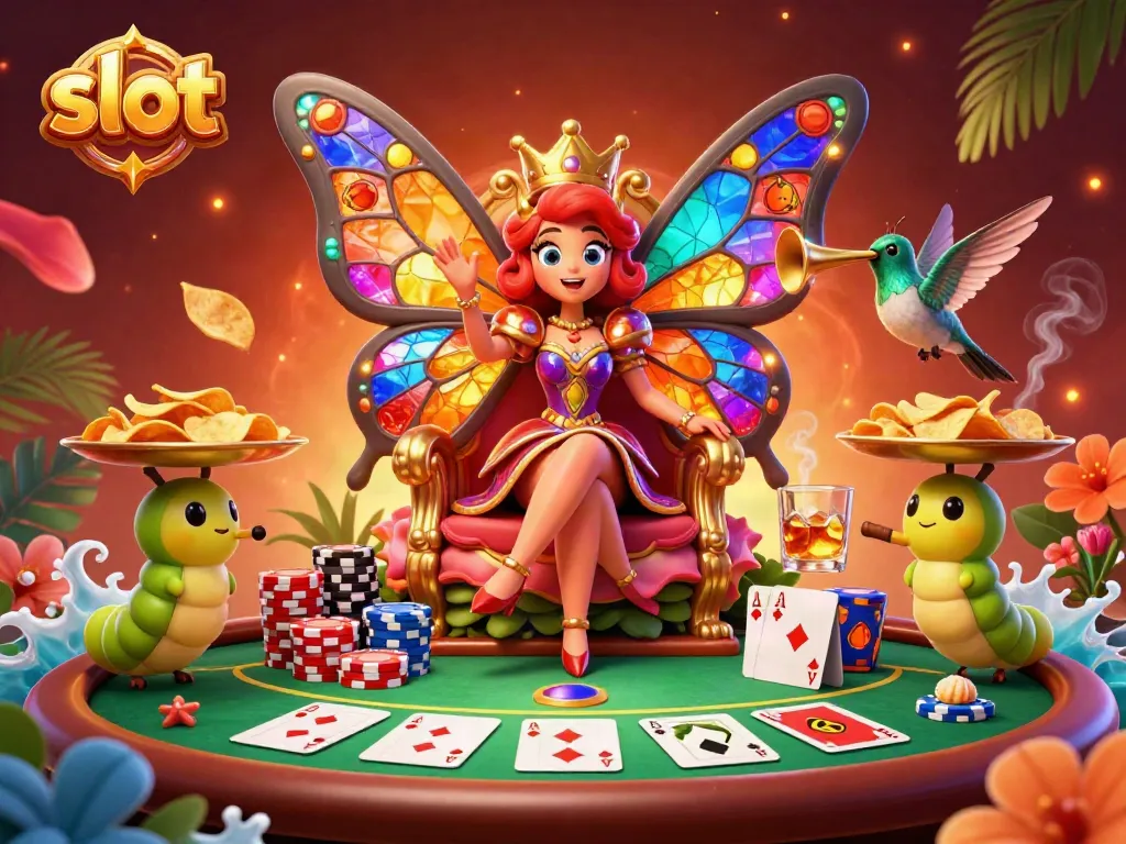 Engage with the vibrant slot scene featuring a butterfly queen surrounded by poker elements and tropical decorations.