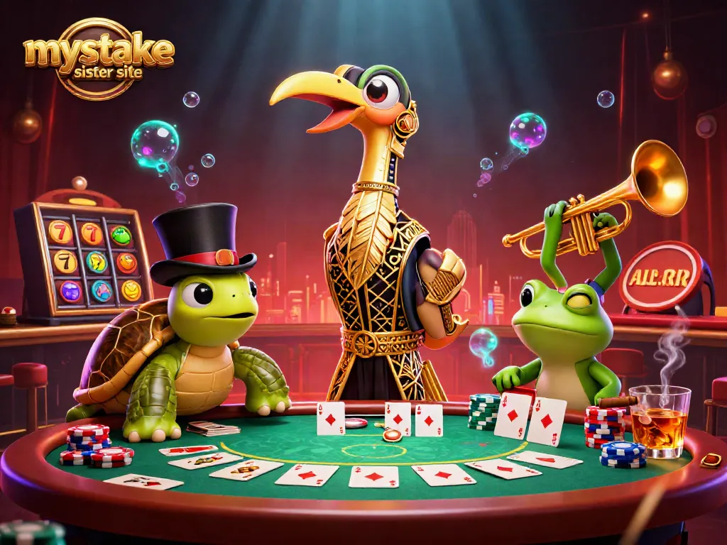 Engage with the mystake sister site through this vibrant casino illustration, showcasing poker and classic games.