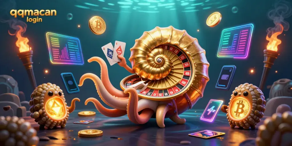 Engage with the qqmacan login experience, where a giant nautilus acts as a roulette wheel amidst crypto elements.