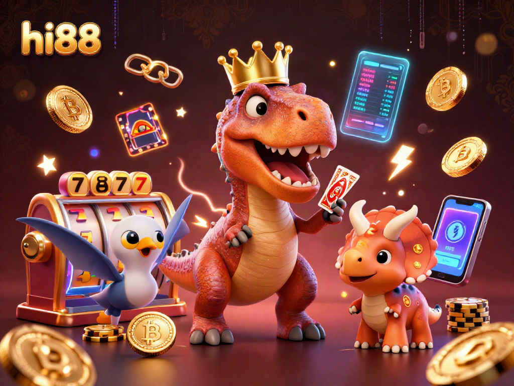 hi88 casino scene with T-Rex, pterodactyl, and triceratops playing cards and stacking chips
