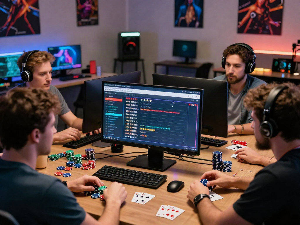 Engaged community discussing 먹튀검증 results around a computer in a lively online gambling environment.