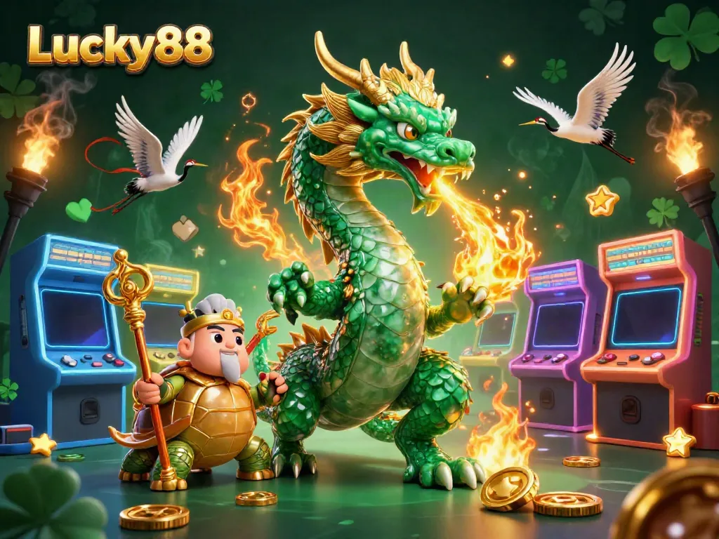 Engage with Lucky88's thrilling gaming universe featuring a dragon, turtle, and cranes amidst colorful gaming machines.