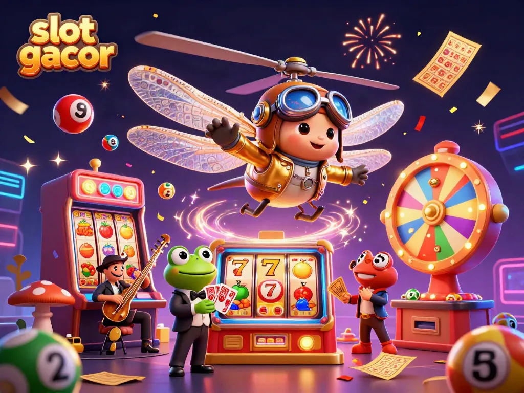 Engage with the thrilling slot gacor scene featuring a dragonfly pilot and frog croupier under fireworks.