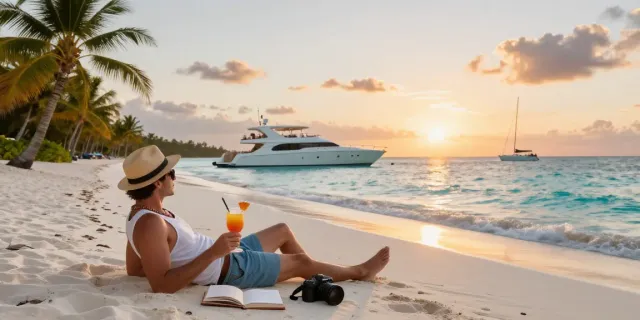 Carmen's Luxury Travel at a serene Caribbean beach during sunset with a stylish traveler enjoying a cocktail, capturing relaxation and adventure.