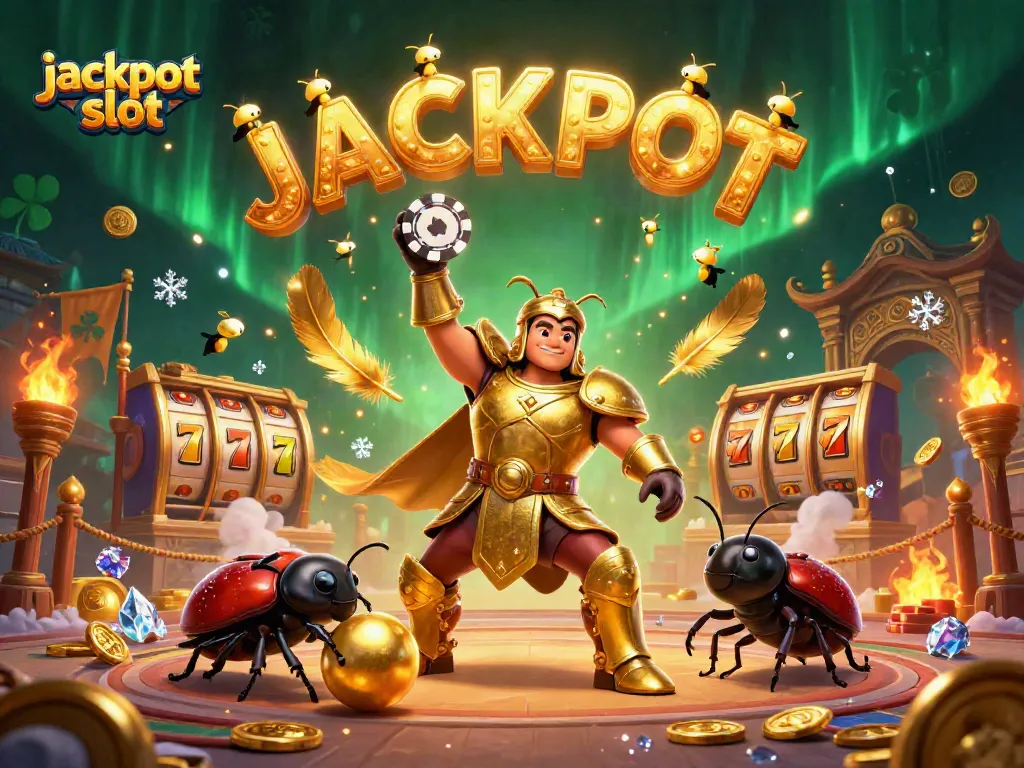 Winning at jackpot slot with fortune symbols and beetle warriors in an engaged casino scene.