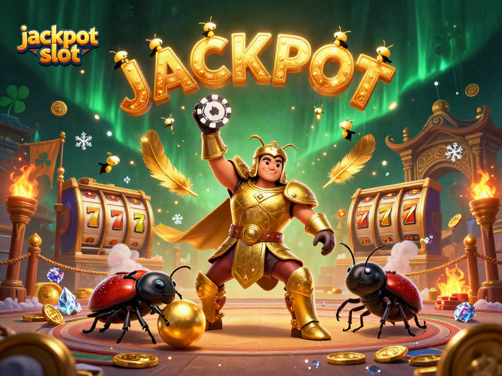 Winning at jackpot slot with fortune symbols and beetle warriors in an engaged casino scene.