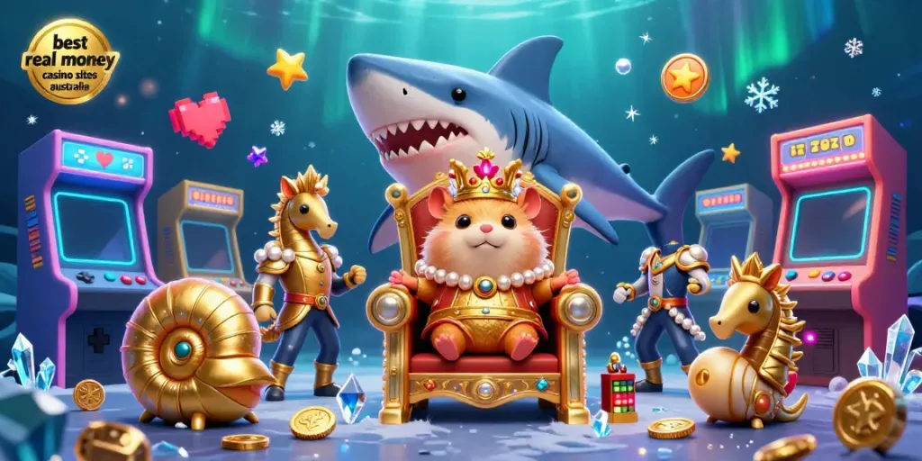 Engage with the best real money casino sites Australia through a vibrant and dynamic casino-themed illustration.