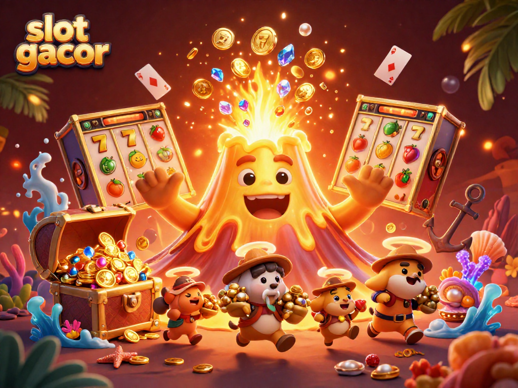 Win big with slot gacor featuring a vibrant volcano and treasure-filled underwater scene.