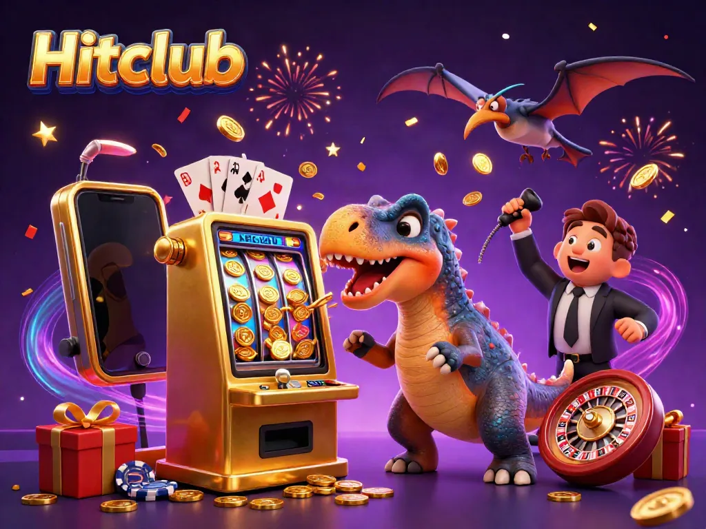 Hitclub slots scene with animated characters and dynamic casino elements, showcasing a golden slot machine payout.