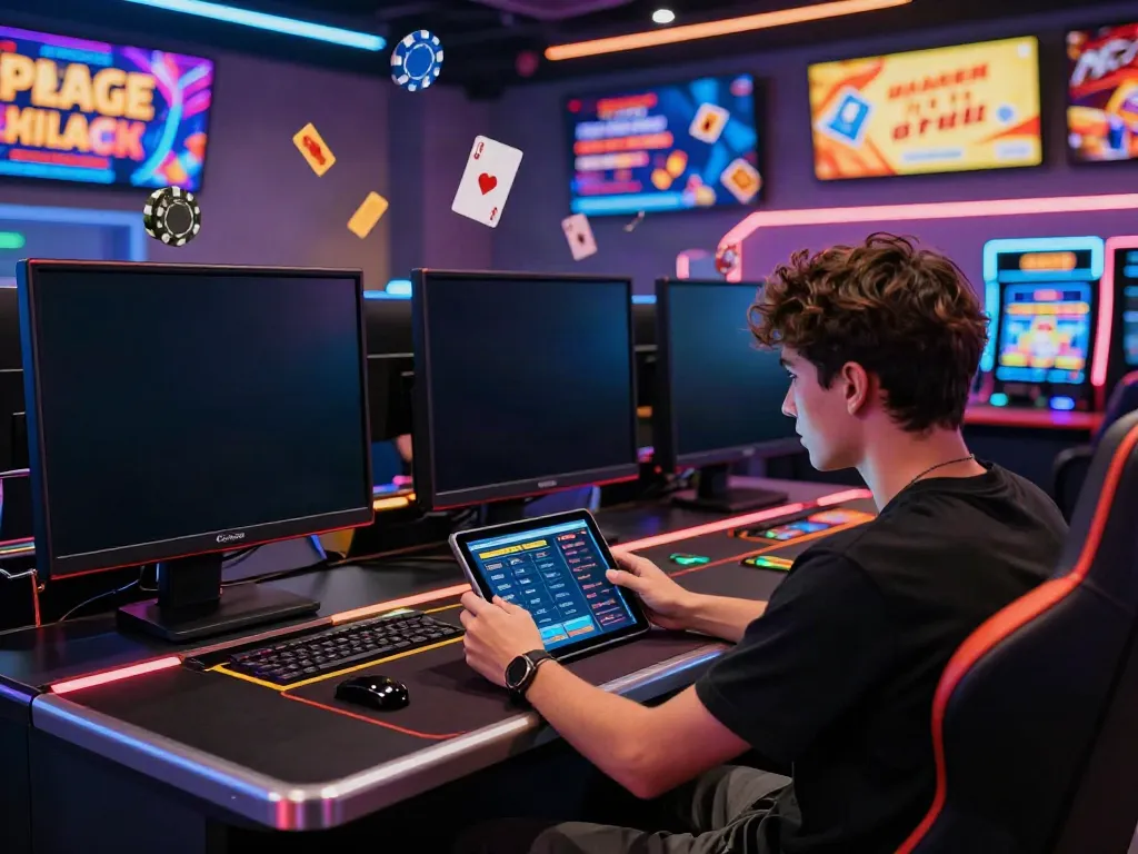 Không gian chơi game trực tuyến vvwin sống động với người chơi và nhiều màn hình hiển thị trò chơi.