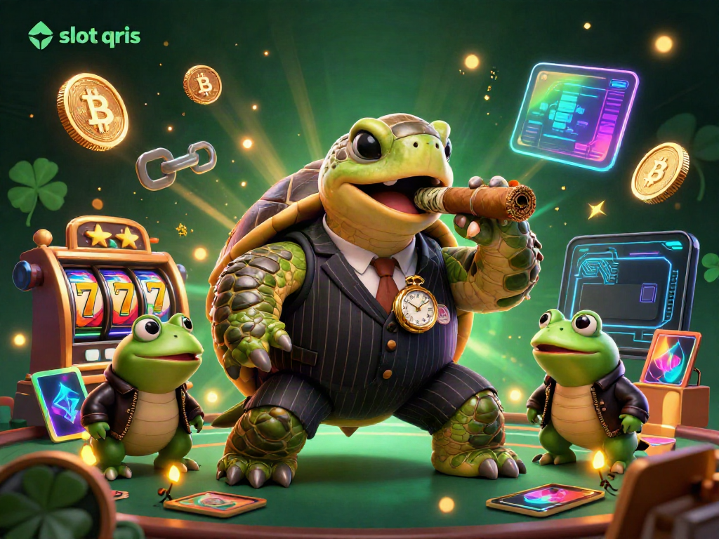 Engage with slot qris through a lively scene featuring a snapping turtle mobster and bullfrog enforcers among vibrant slot elements.